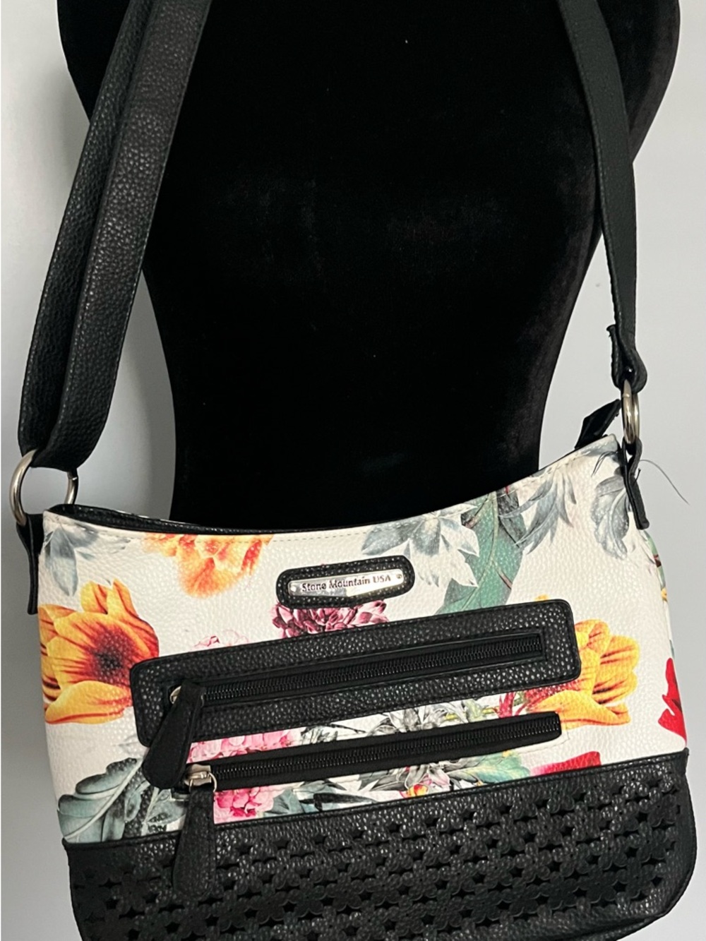 Stone Mountain Floral Crossbody Shoulder Bag with Black Trim